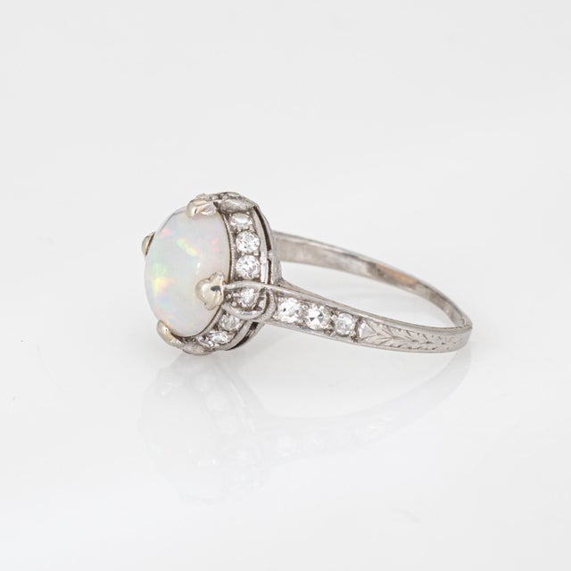 Vintage Art Deco Opal Diamond Ring Platinum Engagement Bridal Jewelry, Size 6 For Sale - Image 4 of 7