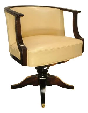 French Art Deco Cream Leather Swivelling Tub Desk Chair with Rail Swept Arm Supports with Cast Iron Mechanism in the style of Ej Ruhlmann