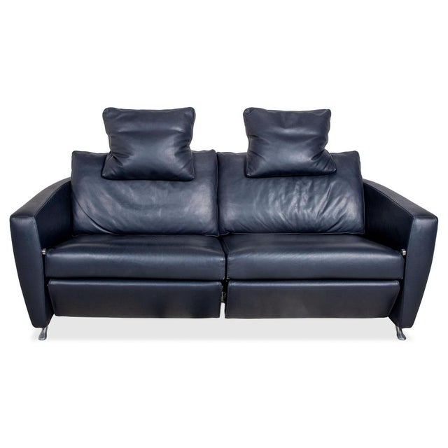 Dark Blue Leather Sesame Two-Seater Sofa with Chrome Feet from FSM For Sale - Image 13 of 13