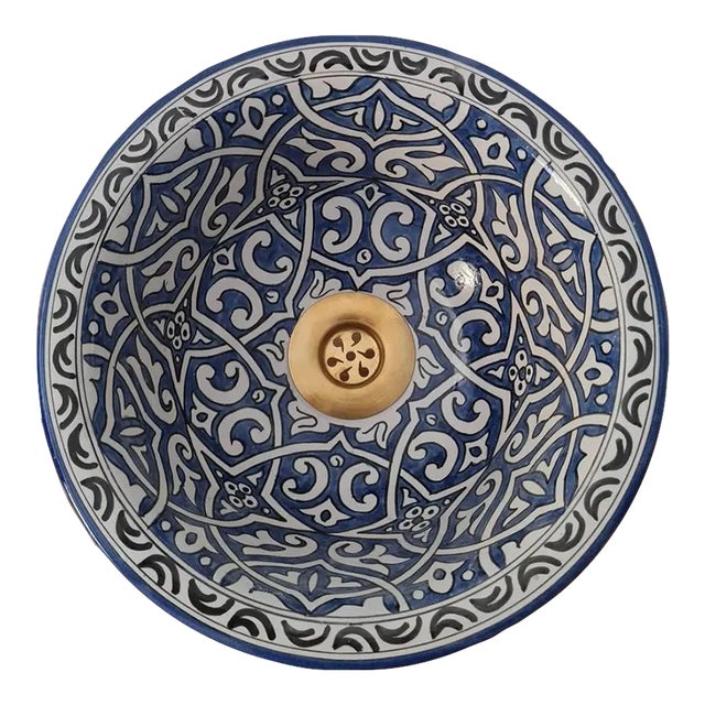 Contemporary Mostapha Blue White Top Sink Bowl Indian Style Finished and Painted by Hands For Sale