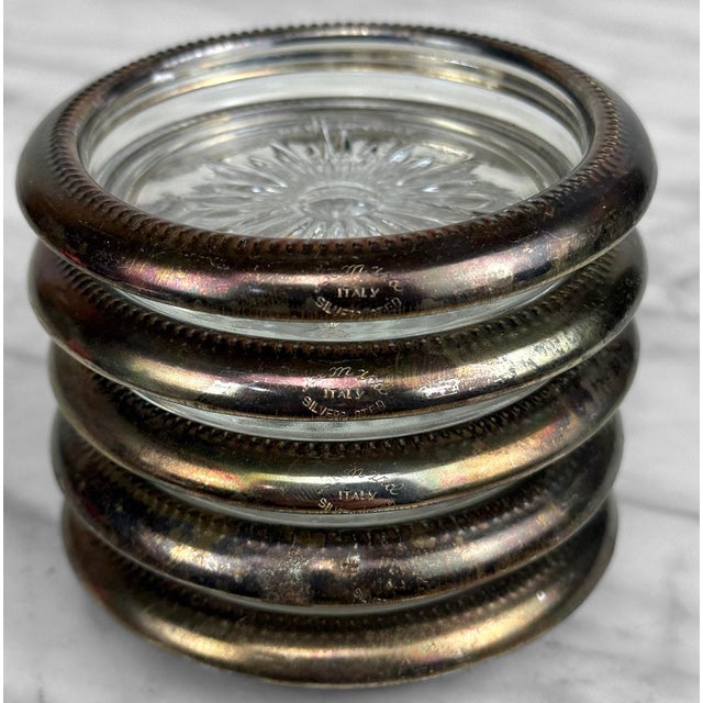 Vintage Victorian Italian Silverplate Glass Sunburst Drink Coasters - Set of 5 For Sale - Image 9 of 9