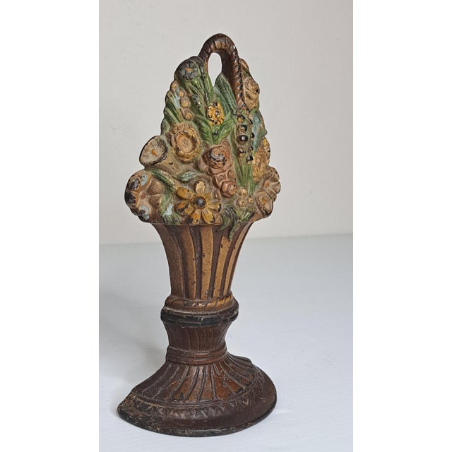 Antique Cast Iron Flower Basket Doorstop #1403 Original Polychrome Paint 8.75" For Sale - Image 4 of 13