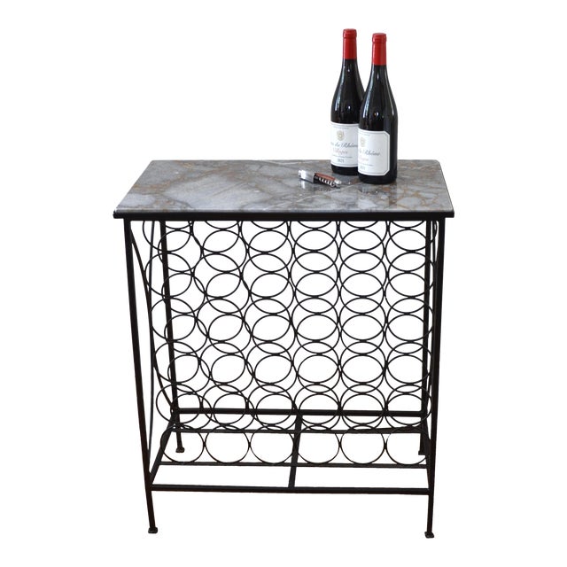 MidCentury Iron and Marble 36 Bottle Wine Rack Table in the Style of