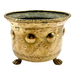 Vintage Italian Hammered Brass Footed Cachepot Jardiniere Planter For Sale