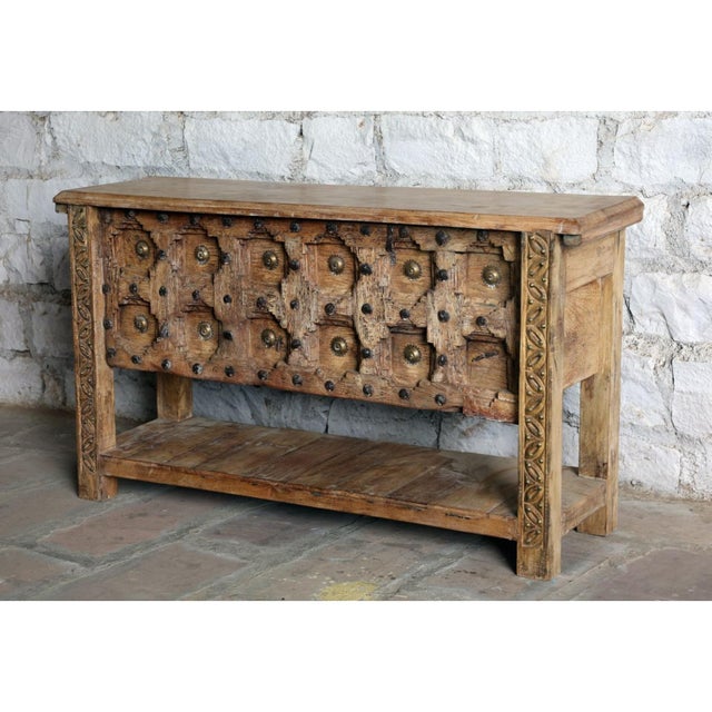 Mid-Century Modern Antique Hand-Carved Door Console Table – Rustic Entryway Hall Table With Vintage Patina For Sale - Image 3 of 6