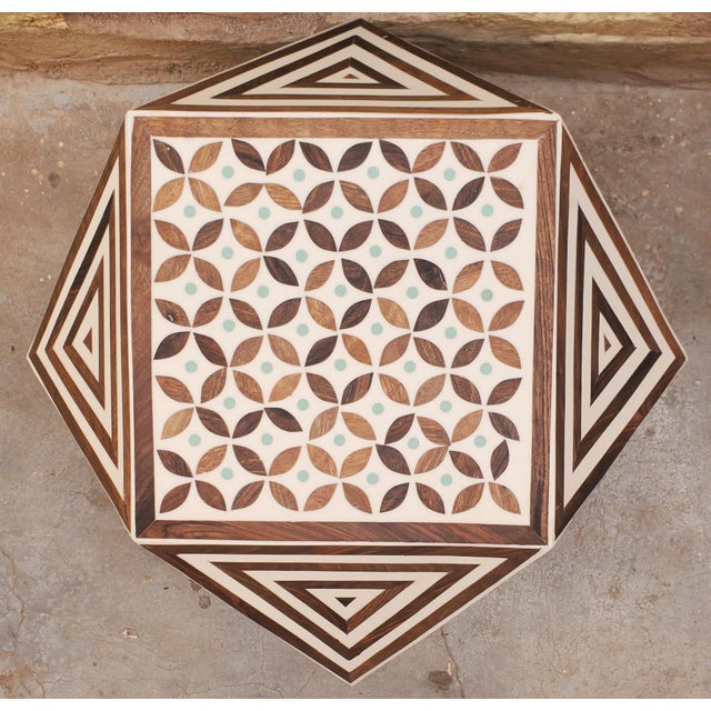 Contemporary Moroccan Resin and Walnut Wood End Table Aqua Dots For Sale - Image 4 of 6