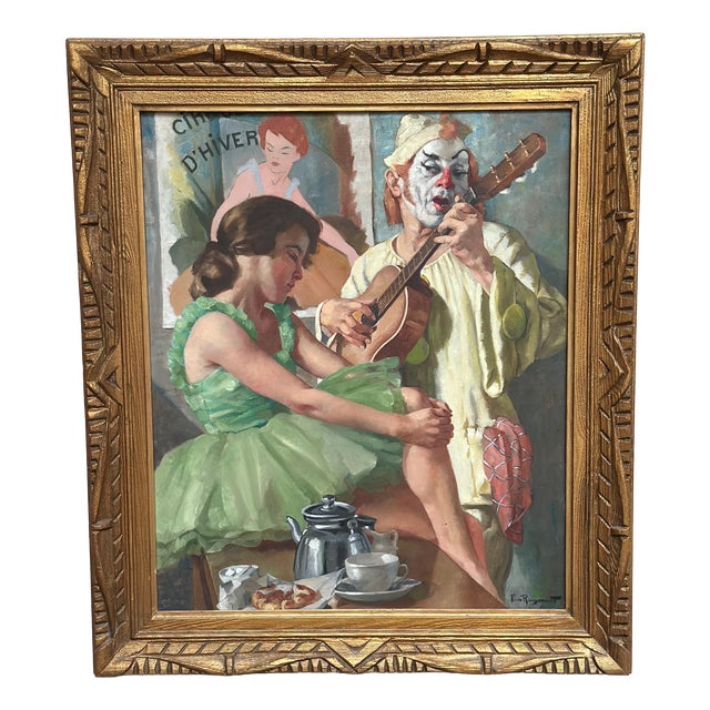 Philippe de Rougemont, Woman and Clown, 1950s, Oil Painting on Canvas, Framed For Sale