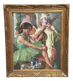 Philippe de Rougemont, Woman and Clown, 1950s, Oil Painting on Canvas, Framed