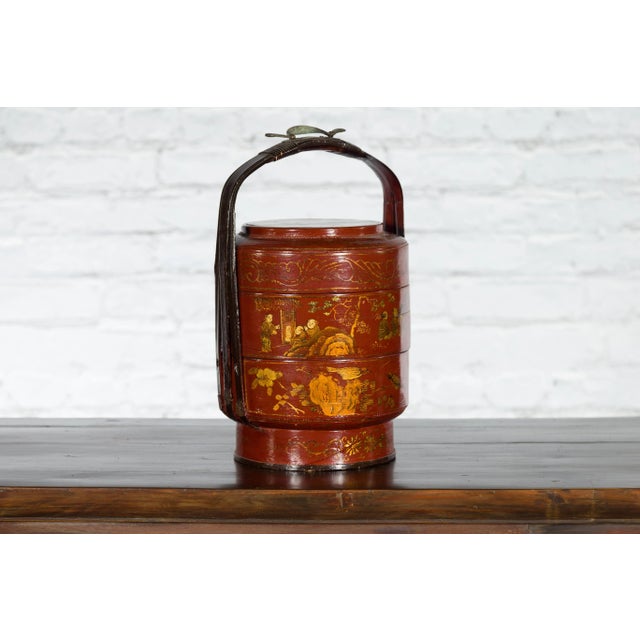 Chinese Early 20th Century Chinese 3-Tiered Red Lacquer & Gilt Lunch Basket For Sale - Image 3 of 13