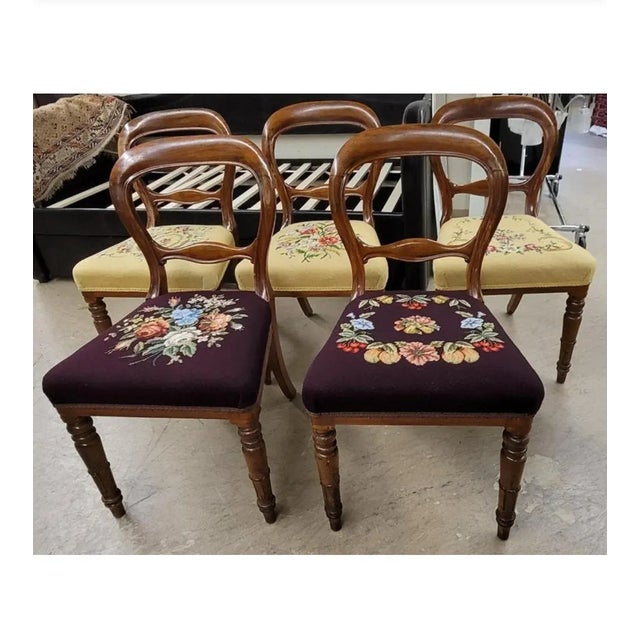 Set of 5 Late Victorian Balloon Back Mahogany & Custom Newer Needlepoint Work Chairs For Sale - Image 10 of 12