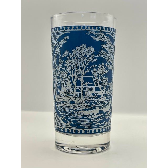 Glass Mid 20th Century Blue & White Scenic Tumblers- Set of 4 For Sale - Image 7 of 9
