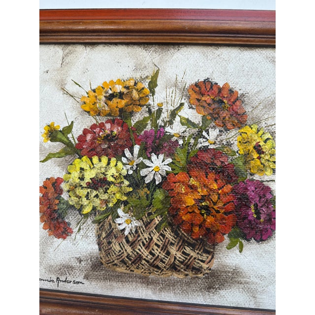 1960s Oil on Canvas Board Basket of Flowers Still Life Painting Bonnie Anderson Signed Framed For Sale - Image 10 of 12