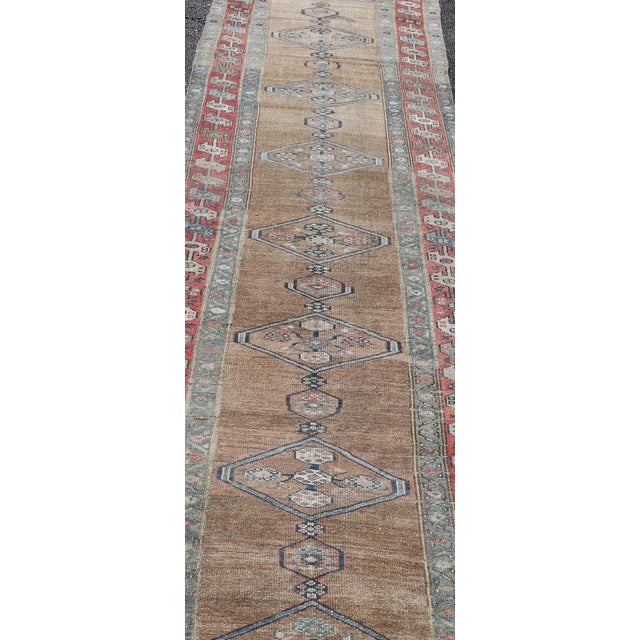 Antique Sarab Runner With Sub-Geometric Medallion Design in Red, Blue & Brown For Sale - Image 9 of 12