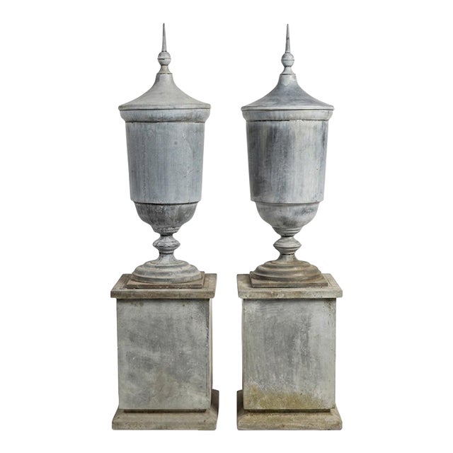 Pair of Large Neoclassical Zinc Urn Finials on Pedestals For Sale