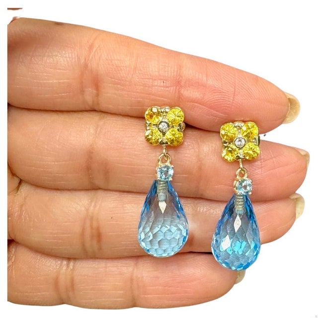 Early 21st Century 26.73 Carat Blue Topaz Yellow Sapphire Yellow Gold Drop Earrings - 2 Pieces For Sale - Image 5 of 7