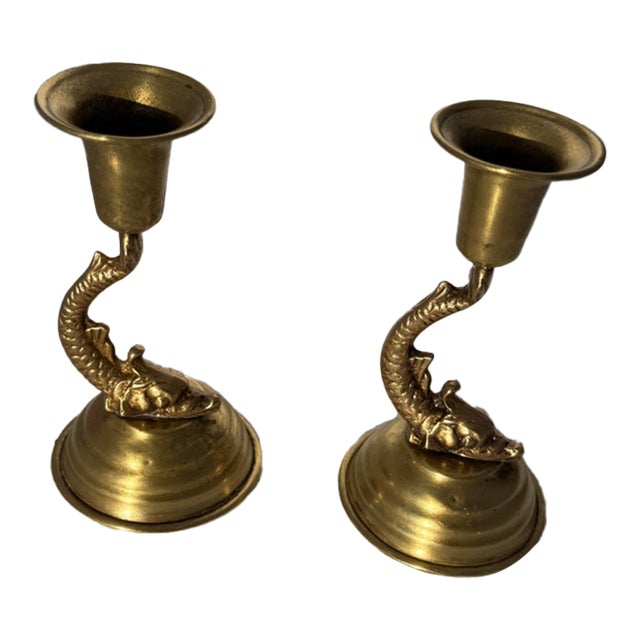 Brass Dolphin Candlestick Holders- A Pair For Sale