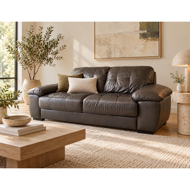 Handsome Chateau d’Ax two-seat leather sofa (fits 4 comfortably) with a rich charcoal gray finish, oversized pillow arms,...