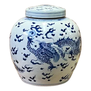 Chinese Hand-Paint Dragon Blue White Porcelain Ginger Jar