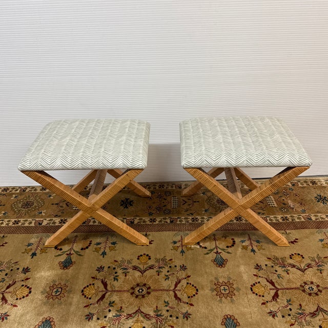 Design Plus Gallery presents a Pair of Balboa Rattan X-Base Stools from Serena & Lily. These stools offer a Parson's shape...