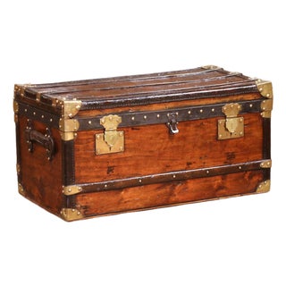 19th C. French Poplar, Metal and Brass-Bound Travel Trunk Stamped b.b. Paris For Sale
