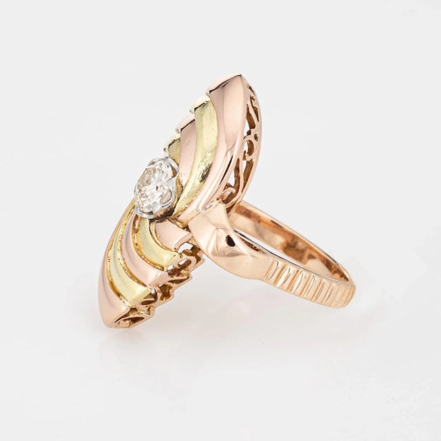 Vintage Retro Diamond Ring Two Tone 18k Rose Yellow Gold Sz 5.5 Navette Cocktail For Sale - Image 4 of 6