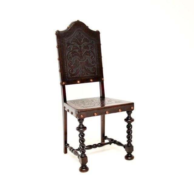 Late 19th Century Antique Portuguese Embossed Leather and Walnut Dining Chairs, 1880, Set of 6 For Sale - Image 5 of 11
