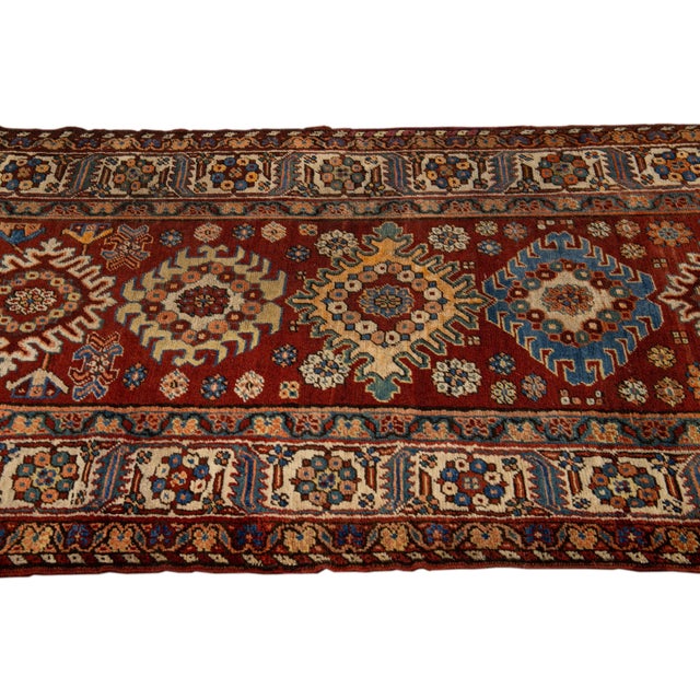 1920s Red Antique Serapi Persian Handmade Multi Medallion Motif Wool Runner For Sale - Image 5 of 12