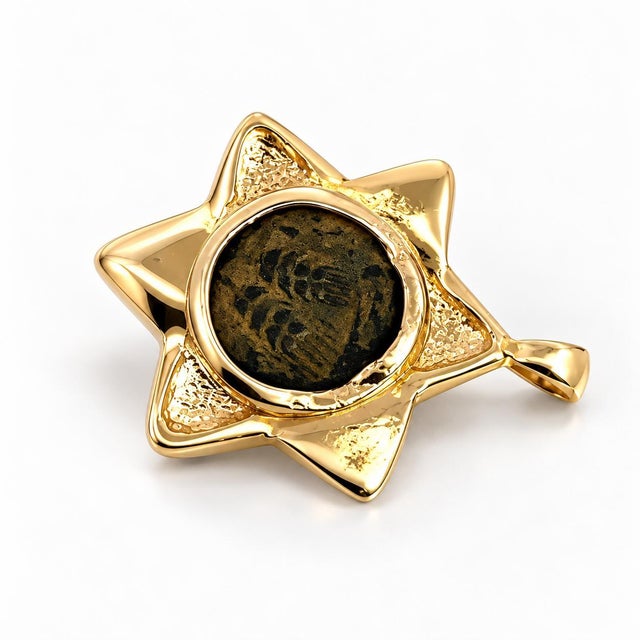 19th Century Ancient Byzantine 14k Gold Bronze Coin Star of David Pendant For Sale - Image 4 of 6