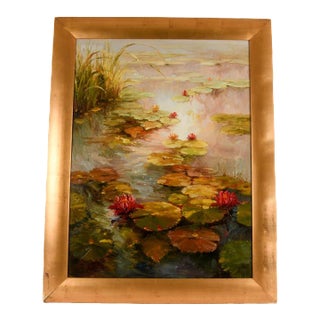Late 20th Century Framed Signed Vera Oxley Waterlilies Oil on Canvas For Sale