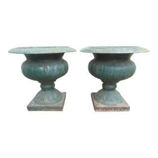 Pair of Antique French Medici Style Cast Iron Urns For Sale