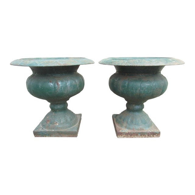 Pair of Antique French Medici Style Cast Iron Urns For Sale