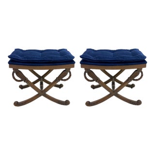 Mid-Century Empire Style Mahogany Crossed Sword Benches / Ottomans in Blue Velvet - Pair For Sale