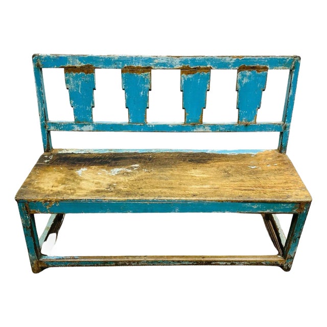 Early 20th Century Rustic Distressed Blue Wooden Bench With Geometric Cutout Backrest For Sale