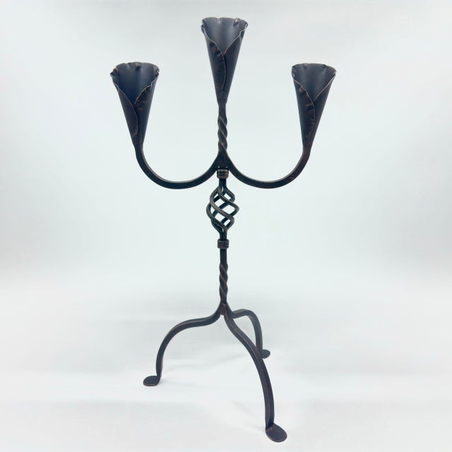 2020s Hand Forged Iron Candelabra 27″ (68cm) Antique Copper Finish 3-Arm Sculptural Tulip Cup Centerpiece For Sale - Image 5 of 6