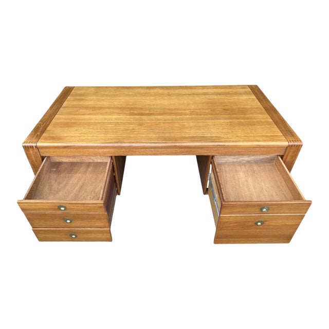 Mid-Century Modern Teak Executive Desk – Danish Style Double Pedestal Desk With Brass Pulls For Sale In Los Angeles - Image 6 of 17