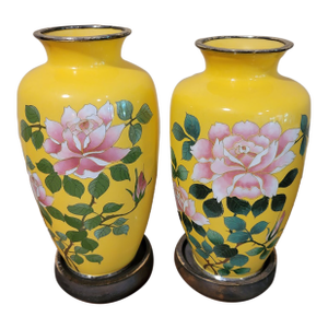 Pair of Japanese Yellow Cloisonne Enamel Vases /W Flower Design & Silver Rims