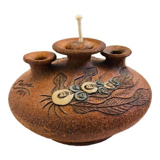 Triple Neck Studio Pottery Oil Lamp Vase by Carma, 1984 For Sale