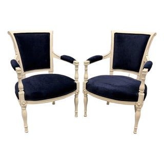 Vintage Classic French “ Petite “ Louis XVI Style Armchairs Featuring Deep Navy Blue Velvet Upholstery - A Pair For Sale