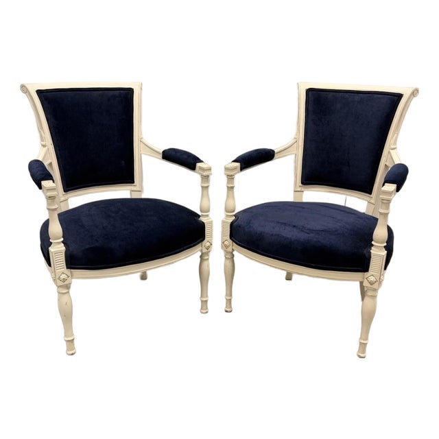 Vintage Classic French “ Petite “ Louis XVI Style Armchairs Featuring Deep Navy Blue Velvet Upholstery - A Pair For Sale