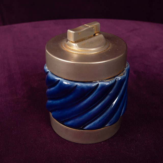 Blue Glazed Ceramic and Brass-Toned Metal Table Lighter by Tommaso Barbi, 1970s For Sale - Image 13 of 17