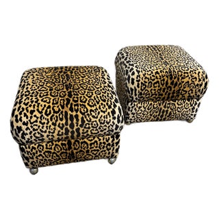 Large Vintage Leopard Print Ottoman Poufs on Castors - A Pair For Sale