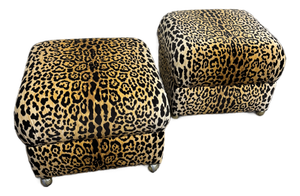 Large Vintage Leopard Print Ottoman Poufs on Castors - A Pair