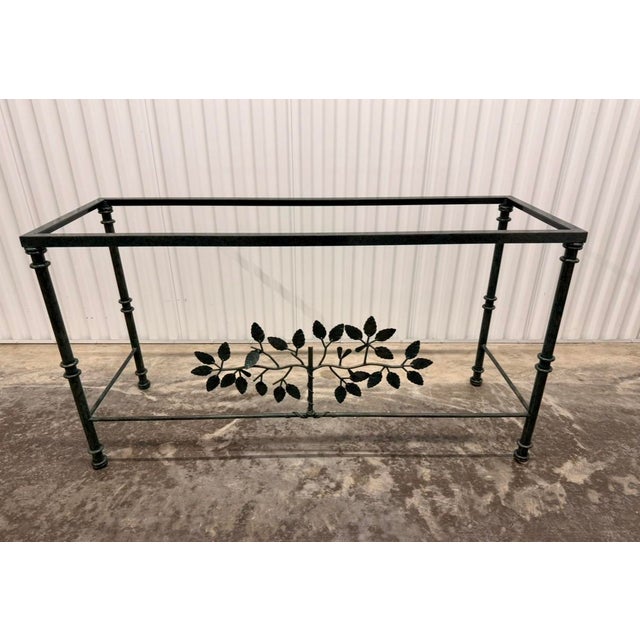 Beautiful Midcentury wrought iron console table in the style Giacometti, with a detailed tree in the center a...