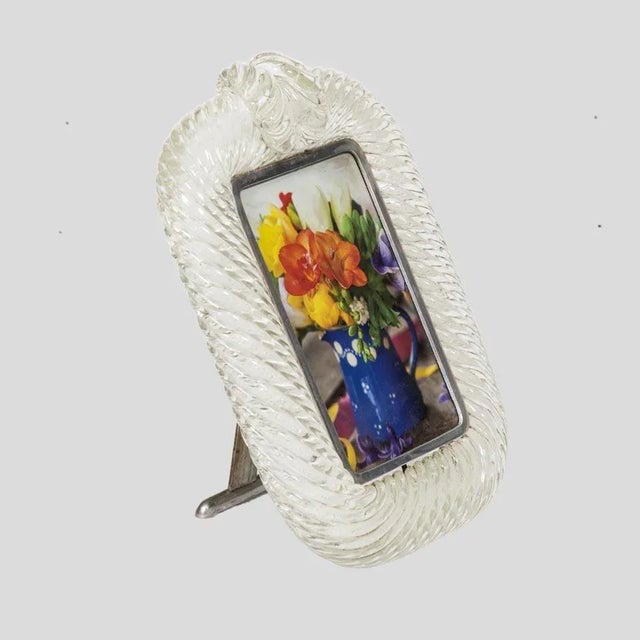 Hand blown clear glass Ritorto technique and silver metal Picture frame by Barovier and Toso Picture size 10 x 15 cm This...