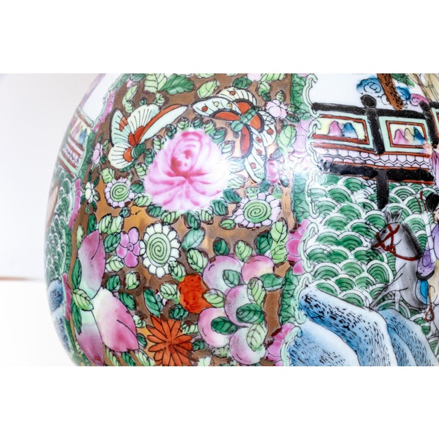 Mid 20th Century Chinese Famille Rose Millefleurs Hu-Form Porcelain Table Lamp | Figural Scenes | Mid-20th Century | With Shade For Sale - Image 5 of 13