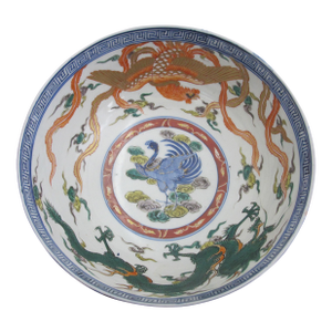 Japanese Hand Painted Imari Porcelain Tobacco Leaf Dragon & Phoenix Serving Bowl