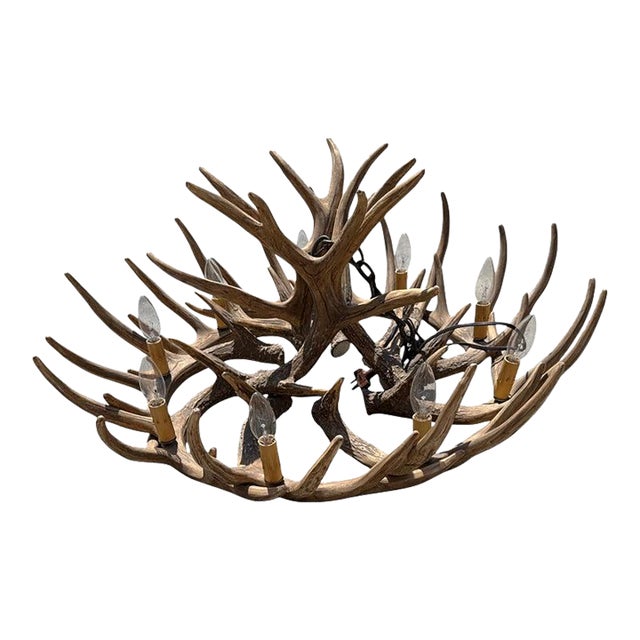 1940s Folky Wooden Elk Horn Chandelier For Sale
