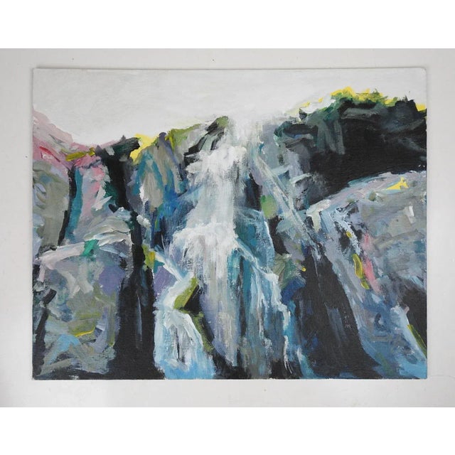 Contemporary oil on canvas board abstract mountain waterfall landscape painting. Unsigned. Unframed.