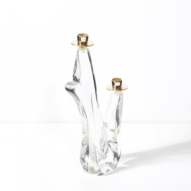 Mid-Century Amorphic Crystal & Brass Two Arm Candelabra Signed Schneider For Sale In New York - Image 6 of 10