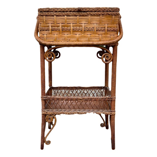 Late 19th Century Victorian Era Aesthetic Movement Haywood Wakefield Sewing Stand With Storage Compartment For Sale